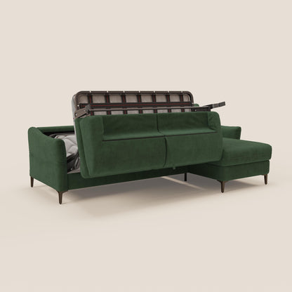 Dalia divano letto angolare con materasso alto 18 cm piedini alti e penisola contenitore in tessuto smacchiabile T17 verde