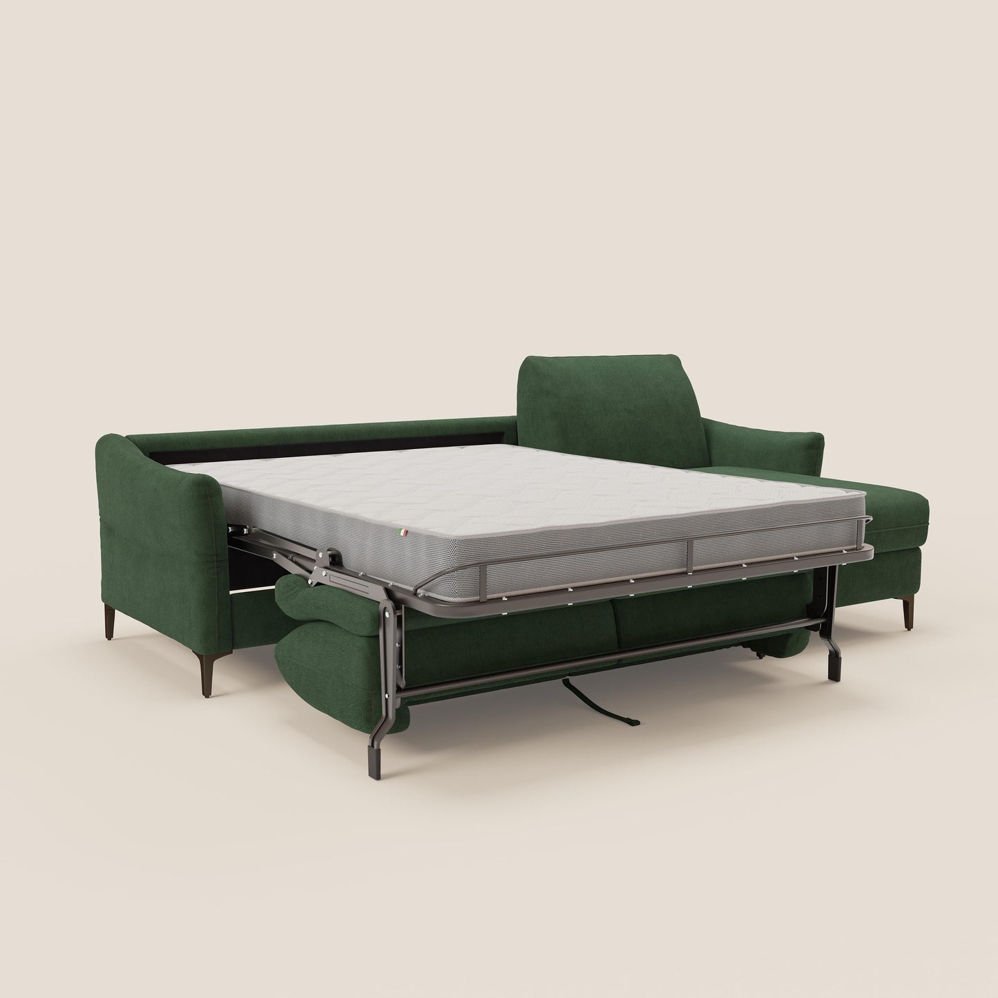 Dalia divano letto angolare con materasso alto 18 cm piedini alti e penisola contenitore in tessuto smacchiabile T17 verde
