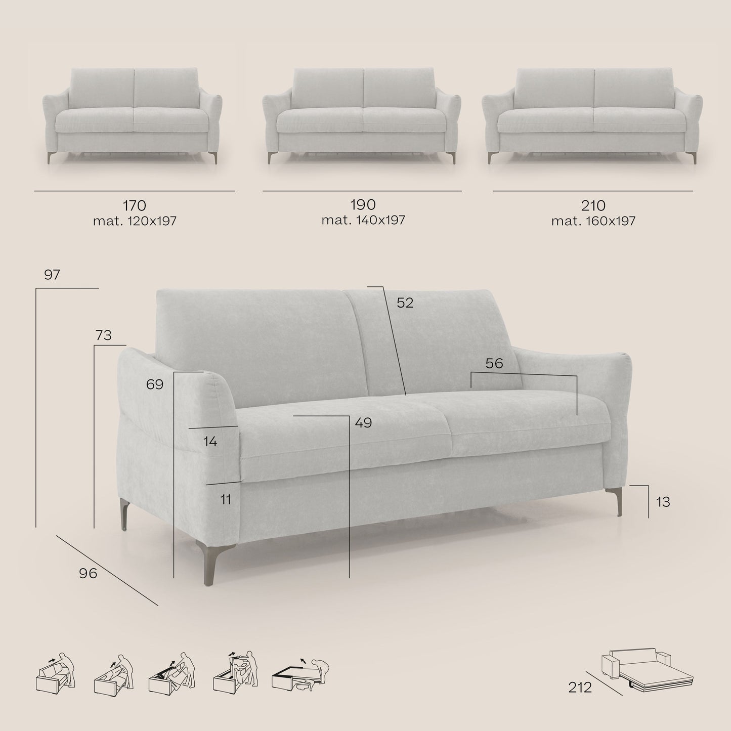 Dalia divano letto con materasso H18 cm e piedi alti in raffinato tessuto smacchiabile T17 marrone