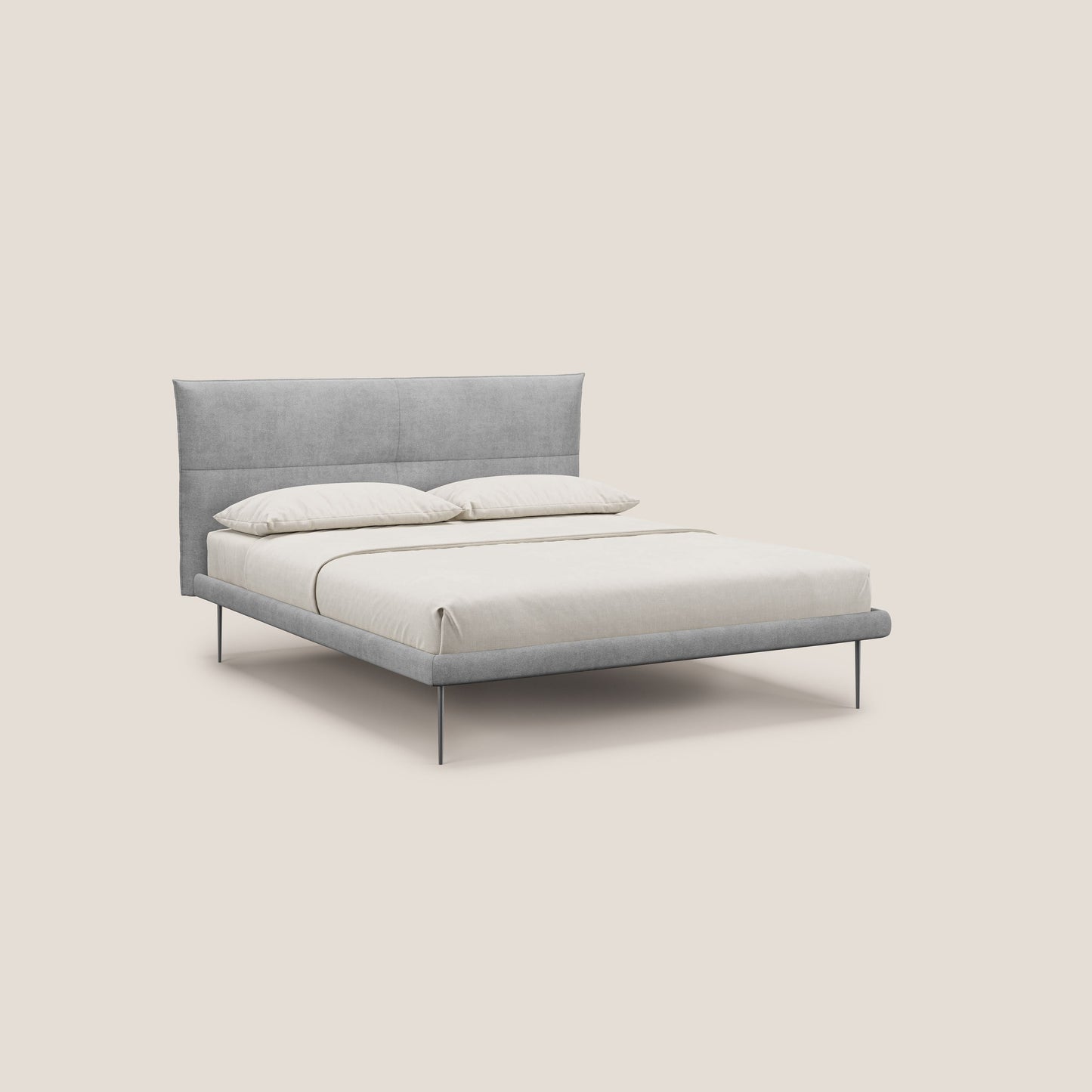Akiko letto imbottito con piedi alti in metallo in tessuto impermeabile T02 grigio chiaro 