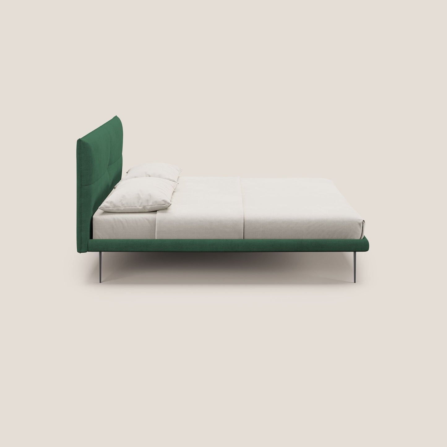 Akiko letto imbottito con piedi alti in metallo in tessuto impermeabile T02 verde 