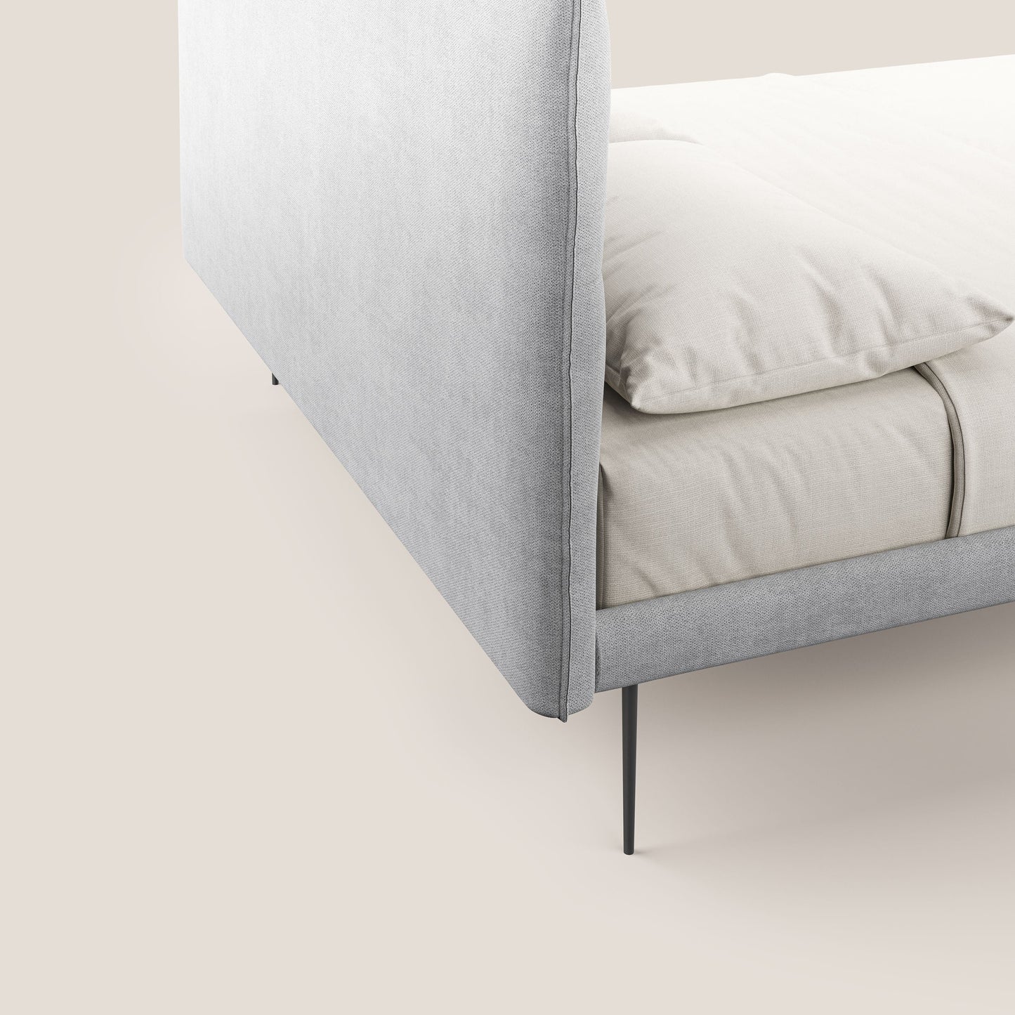 Akiko letto imbottito con piedi alti in metallo in tessuto impermeabile T02 grigio chiaro 