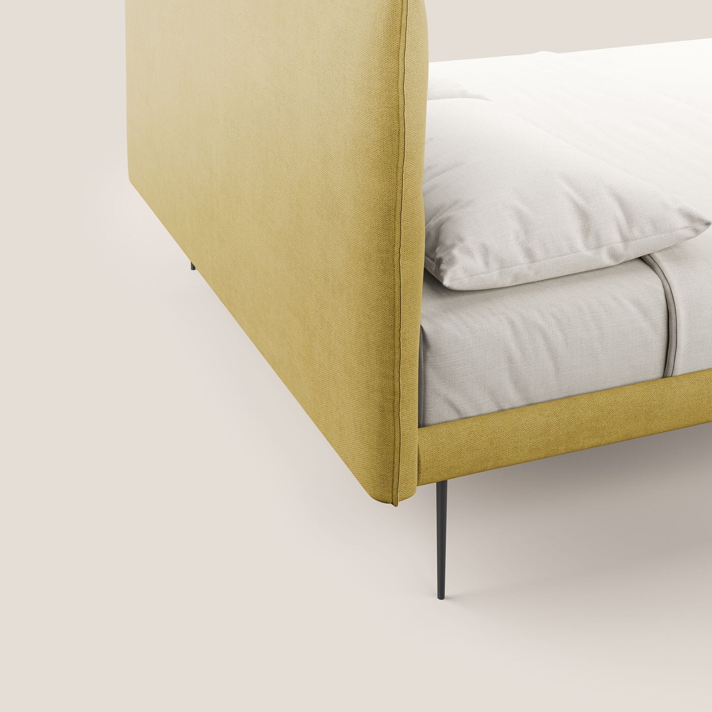 Akiko letto imbottito con piedi alti in metallo in tessuto impermeabile T02 giallo 