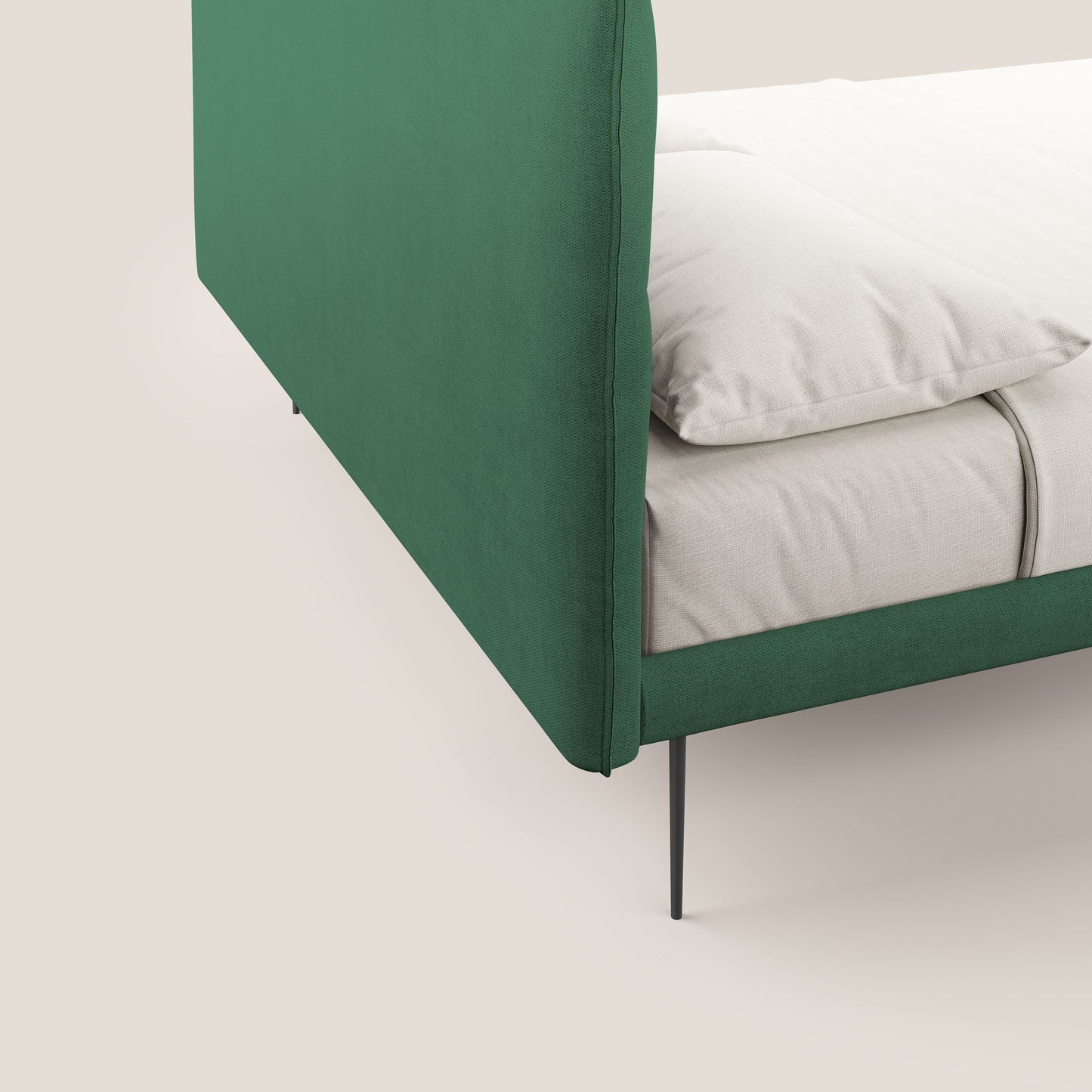 Akiko letto imbottito con piedi alti in metallo in tessuto impermeabile T02 verde 