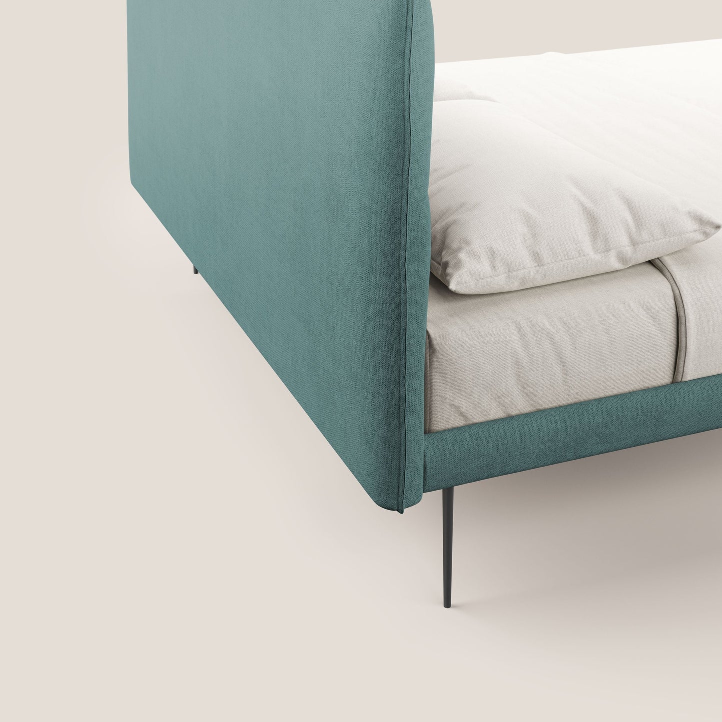 Akiko letto imbottito con piedi alti in metallo in tessuto impermeabile T02 petrolio 