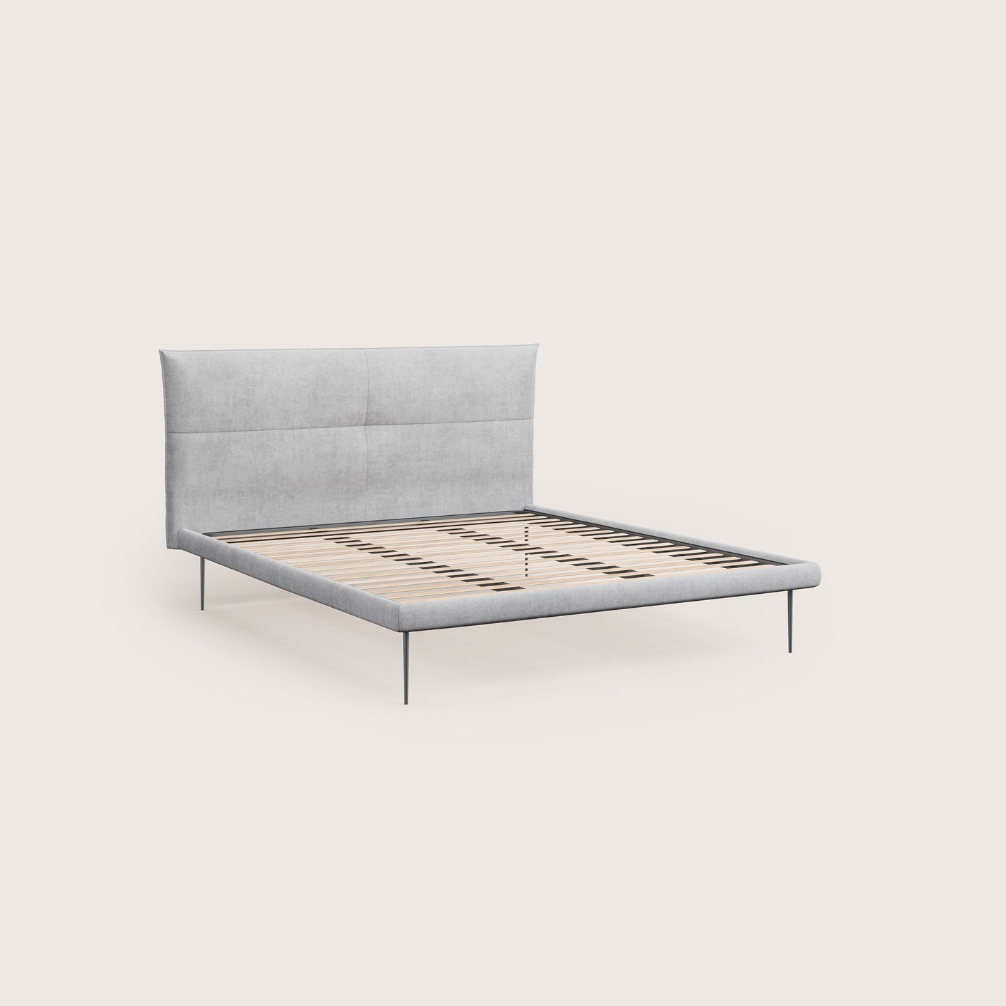 Akiko letto imbottito con piedi alti in metallo in tessuto impermeabile T02 grigio chiaro 