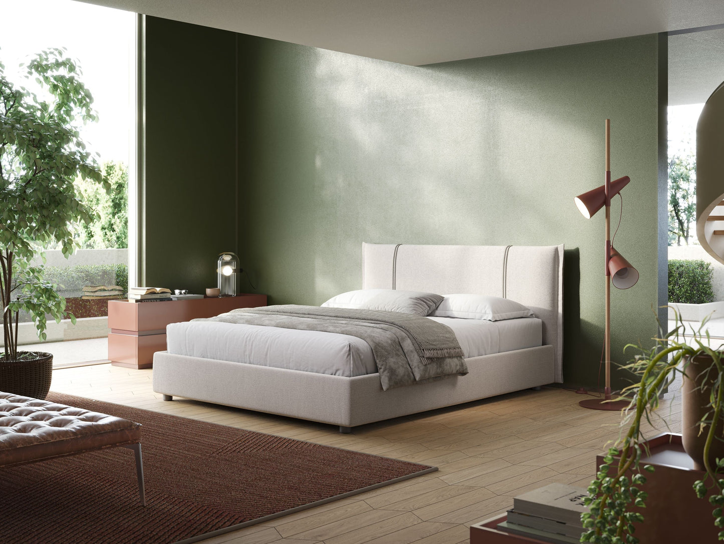 Alicia letto imbottito con vano contenitore in tessuto impermeabile T14 panna 