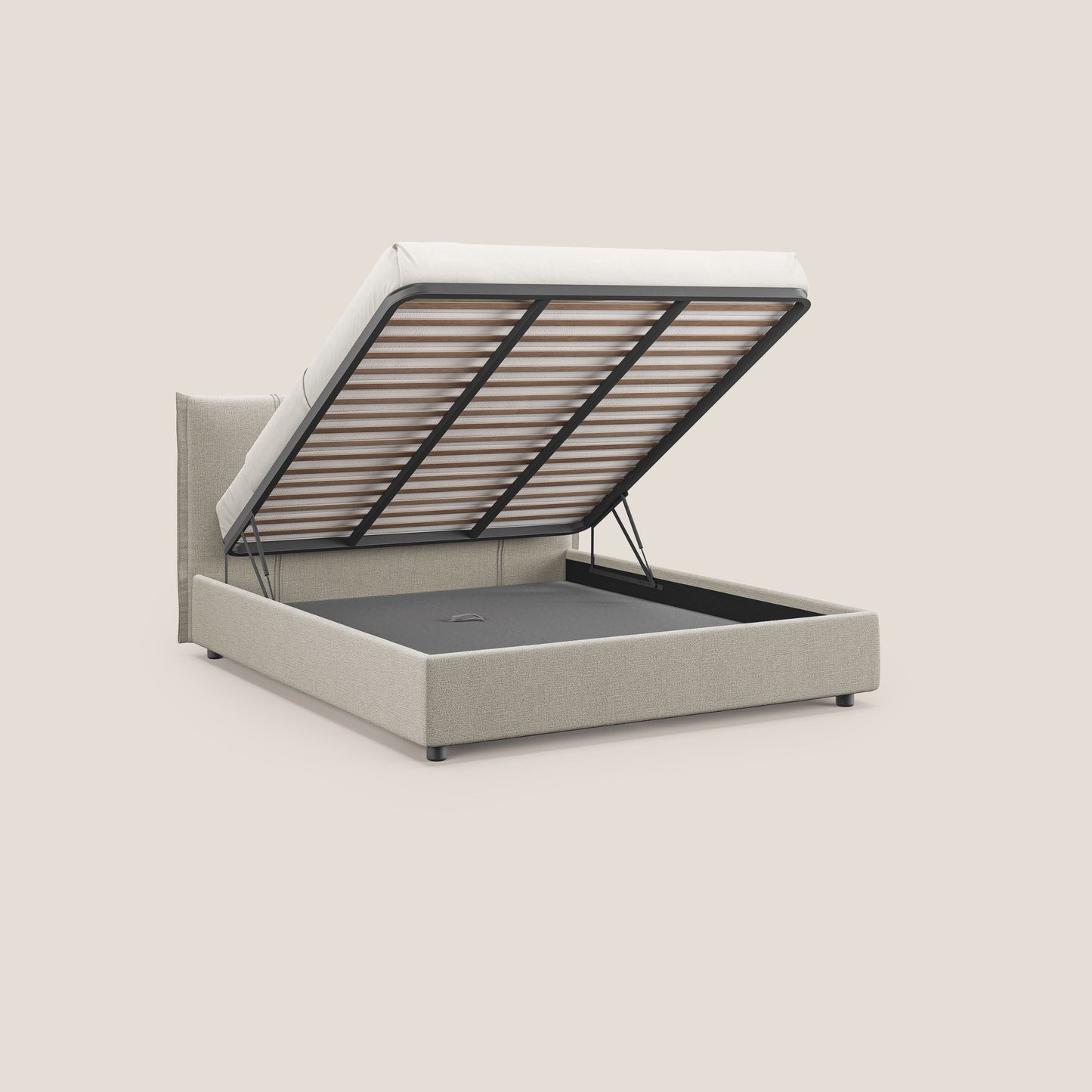 Alicia letto imbottito con vano contenitore in tessuto impermeabile T14 tortora 