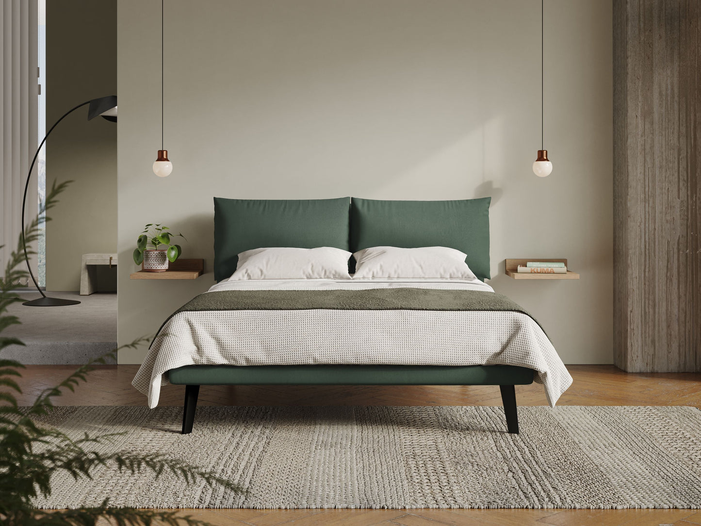 Astrid letto imbottito con piedi in legno in microfibra smacchiabile T11 verde 