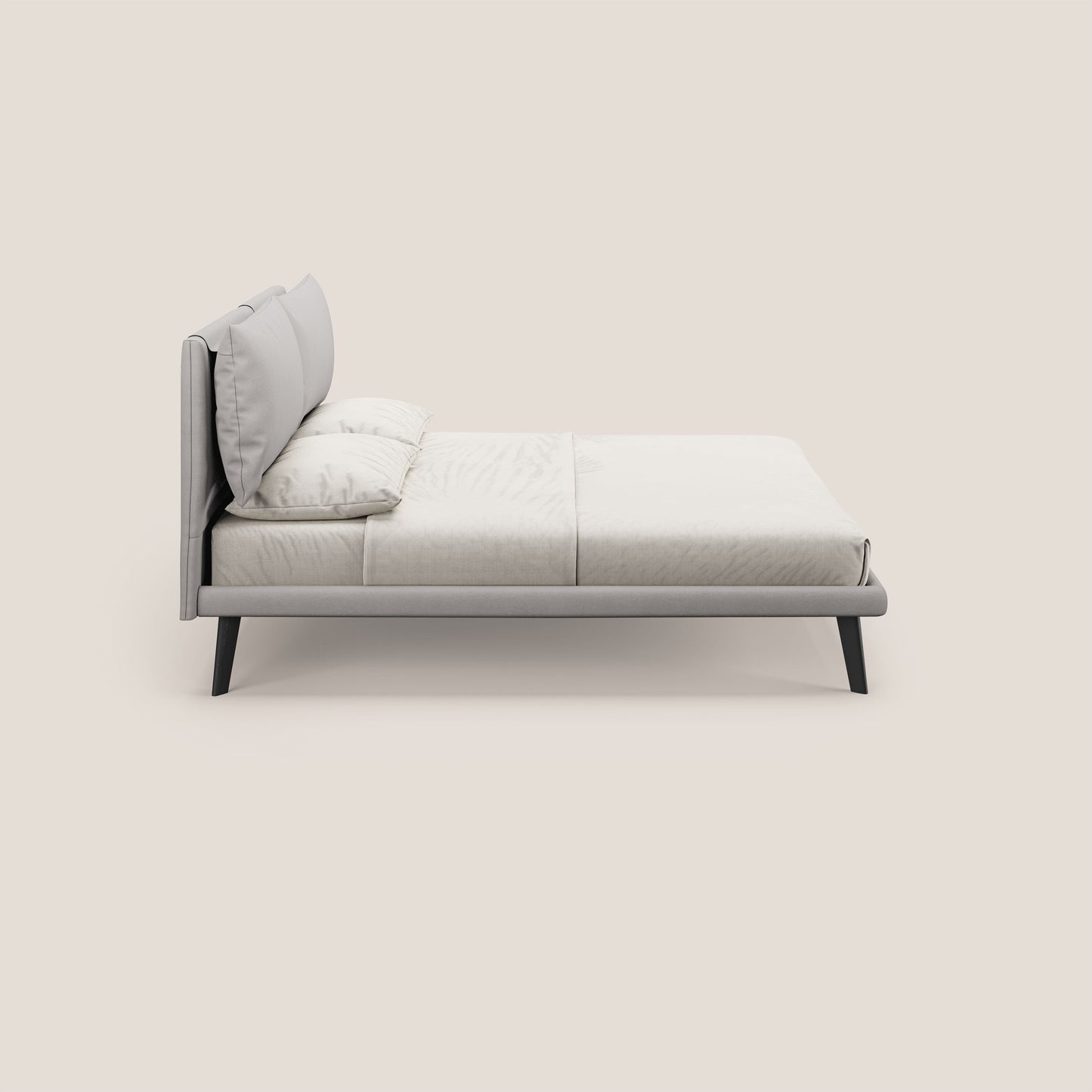 Astrid letto imbottito con piedi in legno in microfibra smacchiabile T11 grigio chiaro 