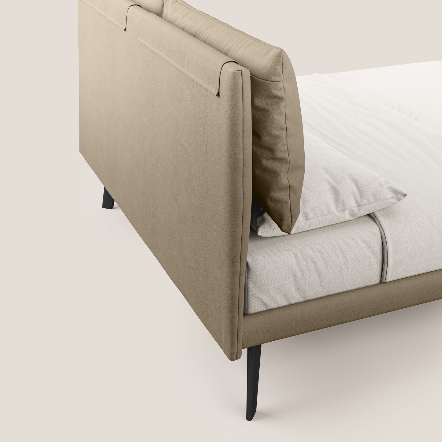 Astrid letto imbottito con piedi in legno in microfibra smacchiabile T11 tortora 