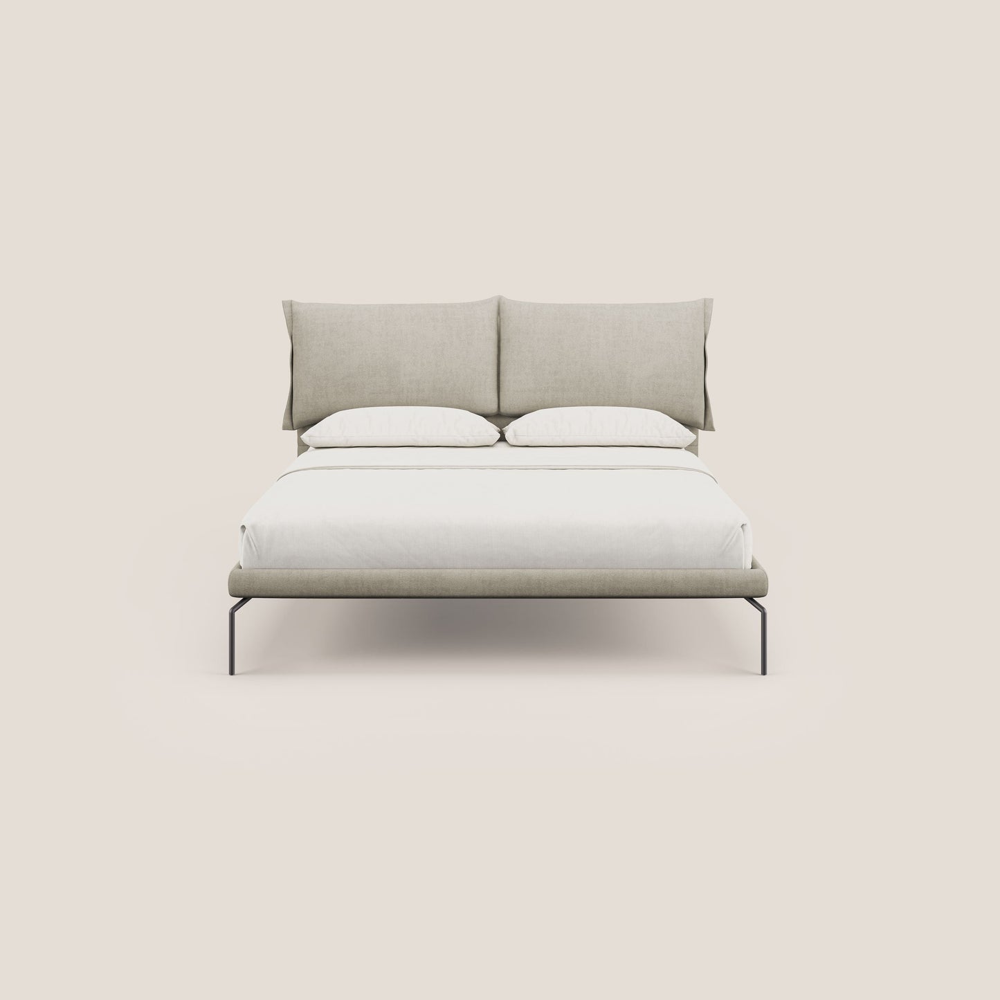 Bice letto imbottito con cuscini e piedi alti in metallo in tessuto impermeabile T02 panna 