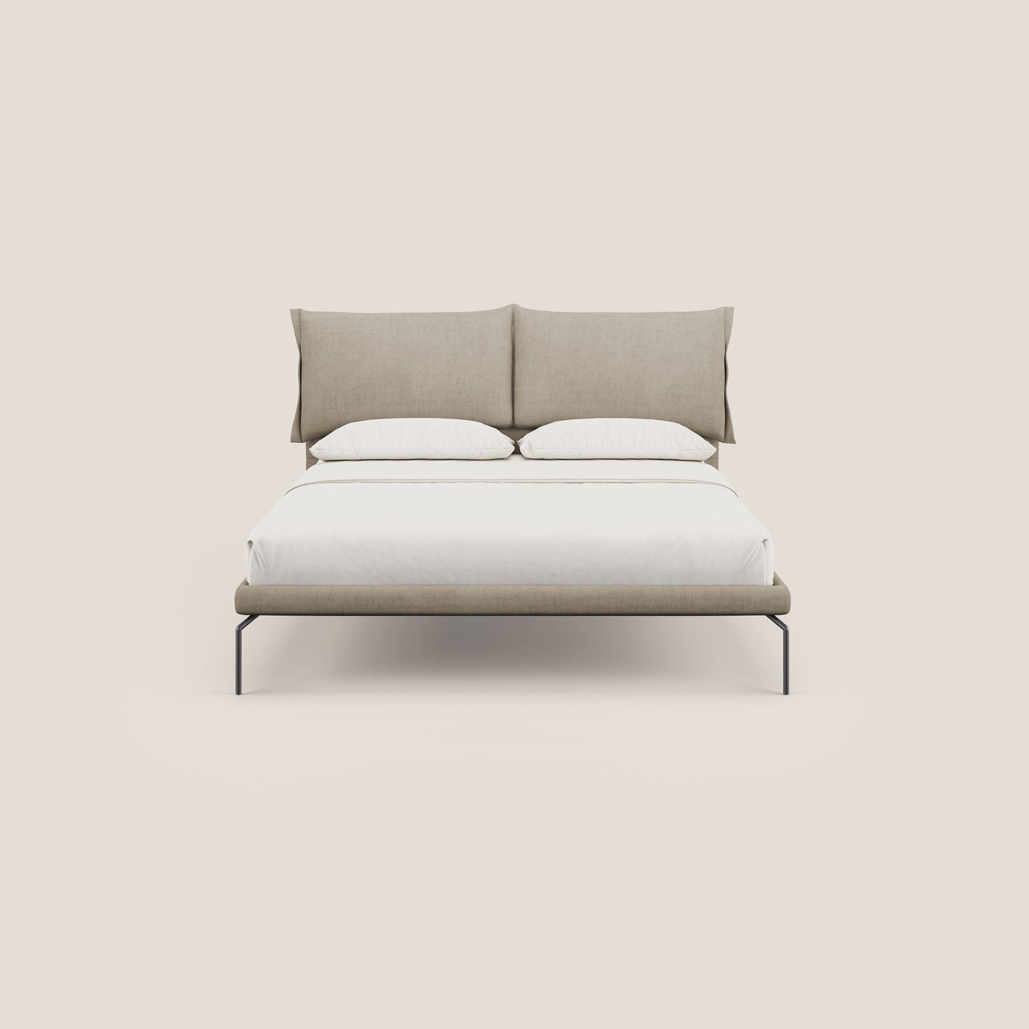 Bice letto imbottito con cuscini e piedi alti in metallo in tessuto impermeabile T02 beige 