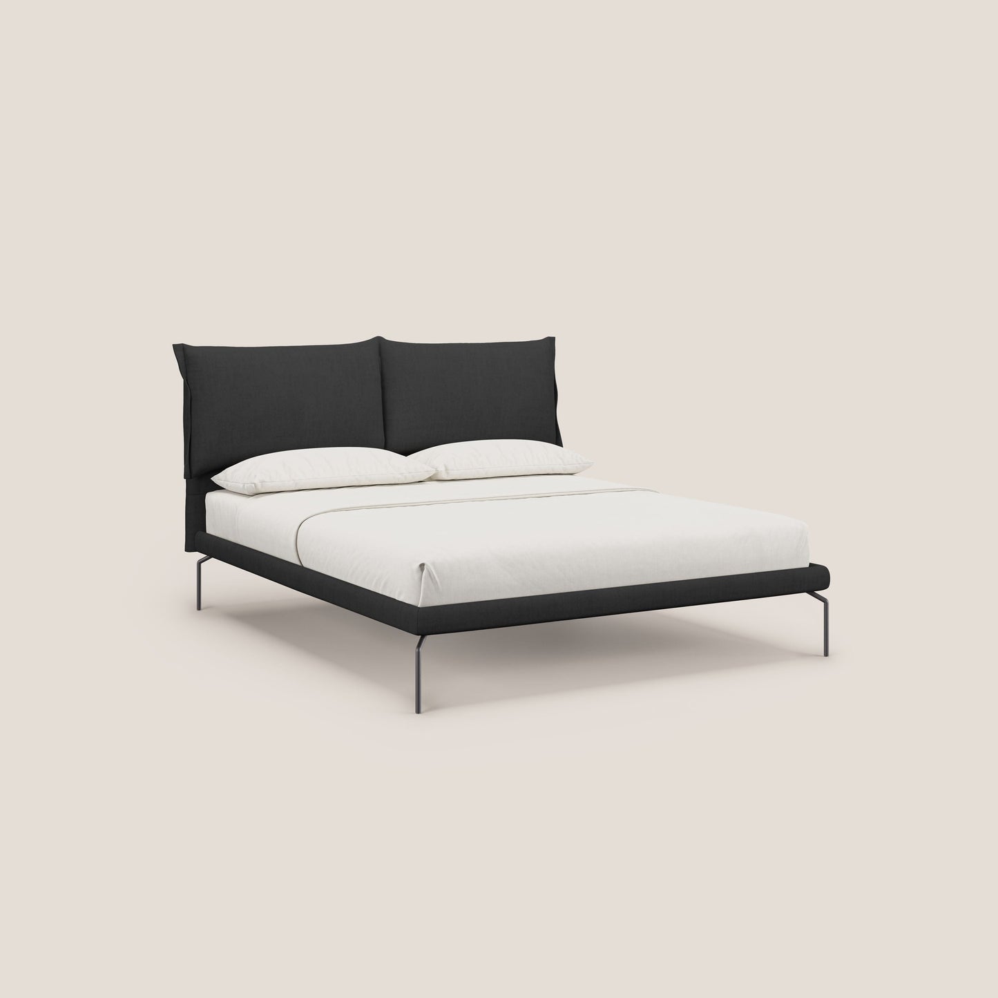 Bice letto imbottito con cuscini e piedi alti in metallo in tessuto impermeabile T02 nero 