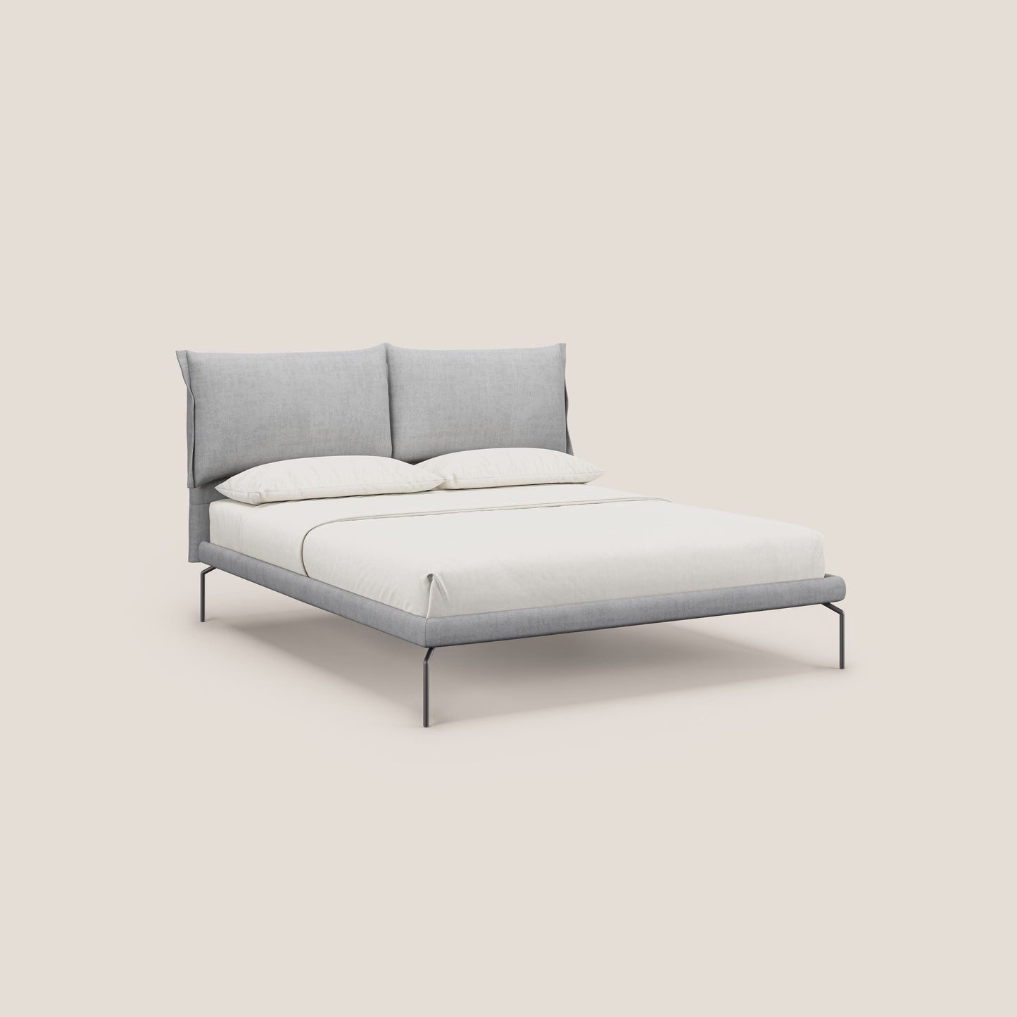 Bice letto imbottito con cuscini e piedi alti in metallo in tessuto impermeabile T02 grigio chiaro 