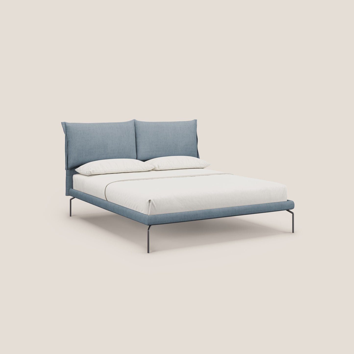 Bice letto imbottito con cuscini e piedi alti in metallo in tessuto impermeabile T02 carta da zucchero 