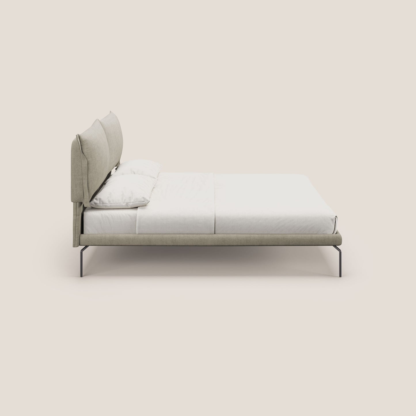 Bice letto imbottito con cuscini e piedi alti in metallo in tessuto impermeabile T02 panna 