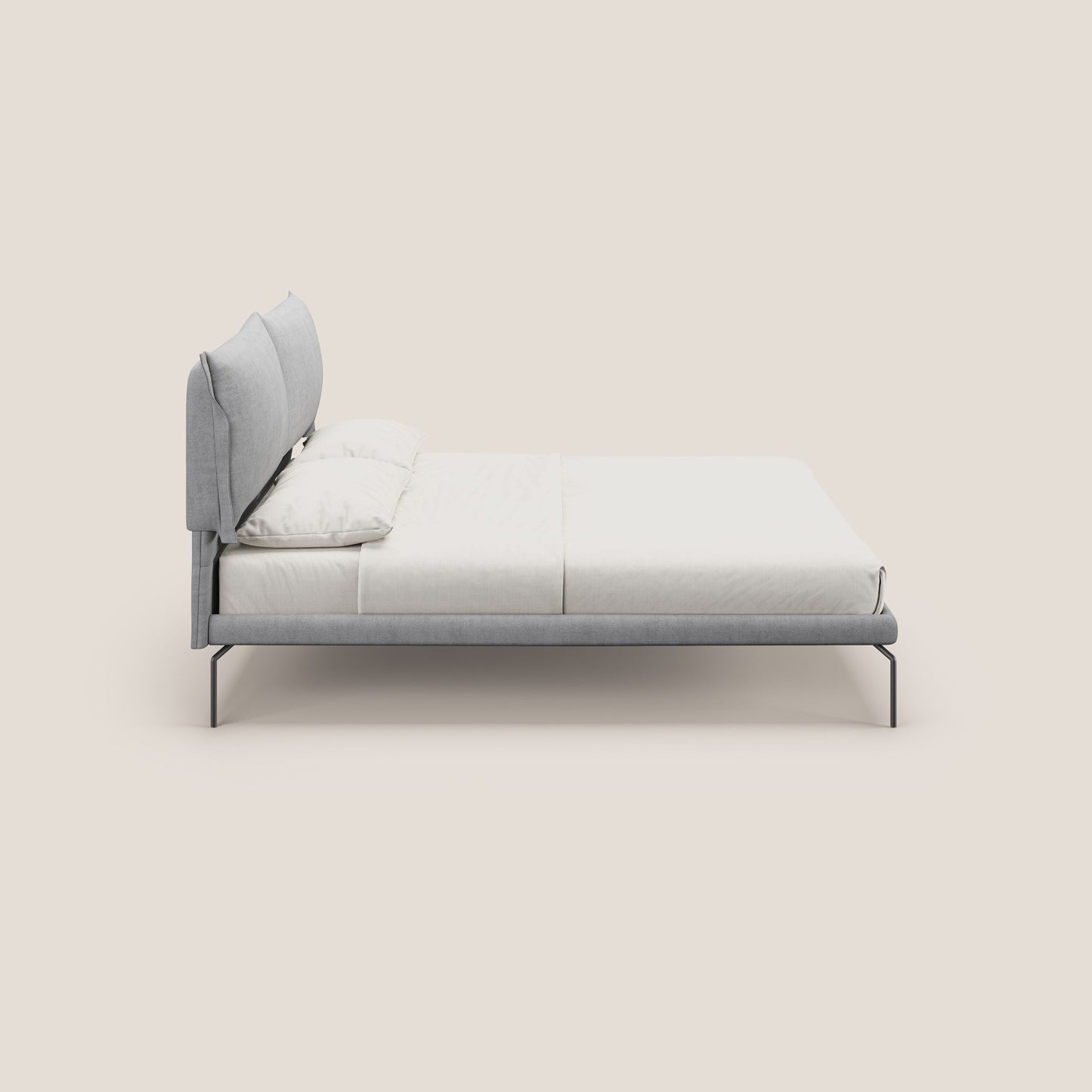 Bice letto imbottito con cuscini e piedi alti in metallo in tessuto impermeabile T02 grigio chiaro 
