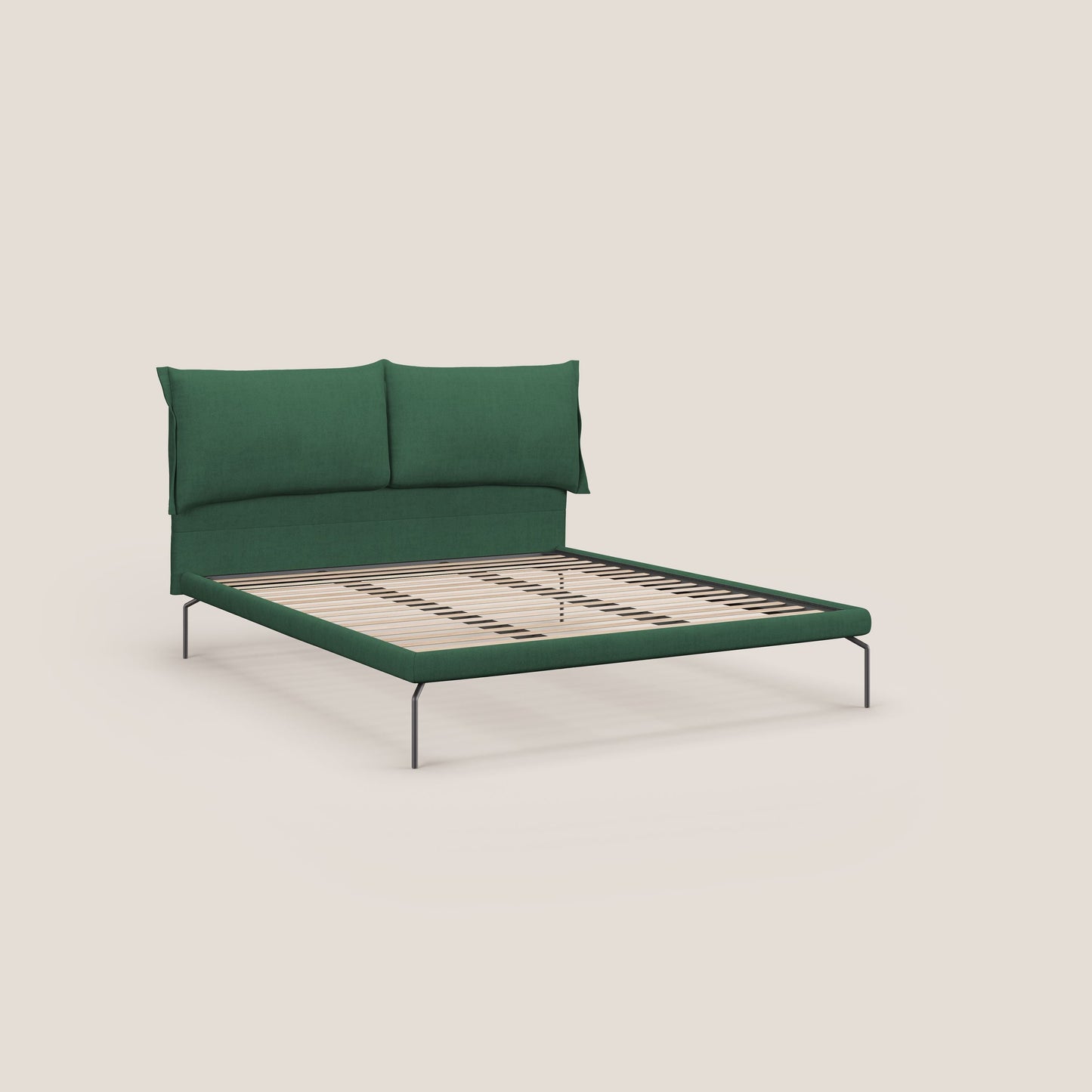 Bice letto imbottito con cuscini e piedi alti in metallo in tessuto impermeabile T02 verde 