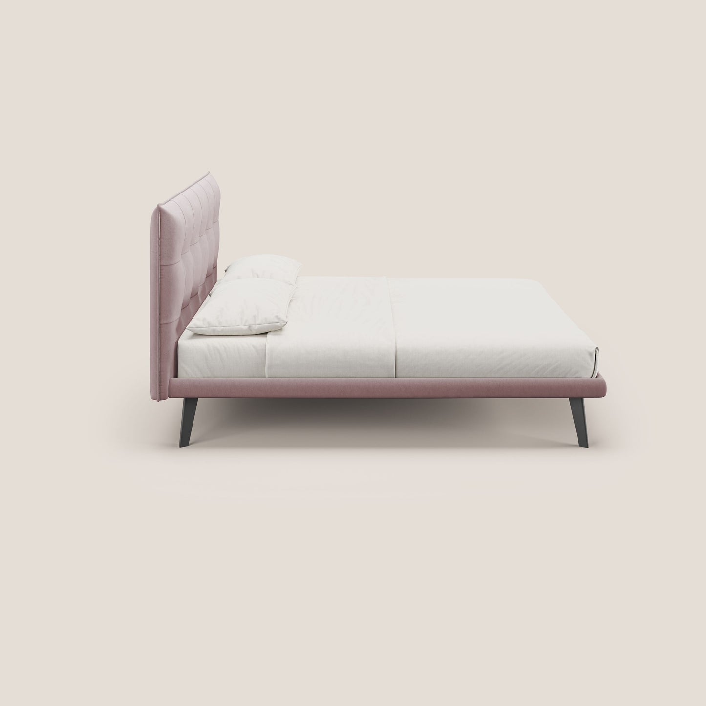 Brigitte letto con testata trapuntata piedi alti in mogano e tessuto impermeabile T09 rosa 