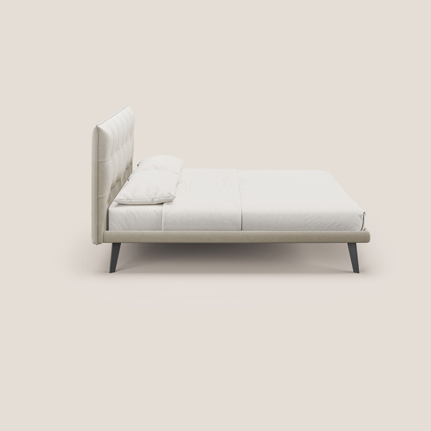 Brigitte letto con testata trapuntata piedi alti in mogano e tessuto impermeabile T09 beige 
