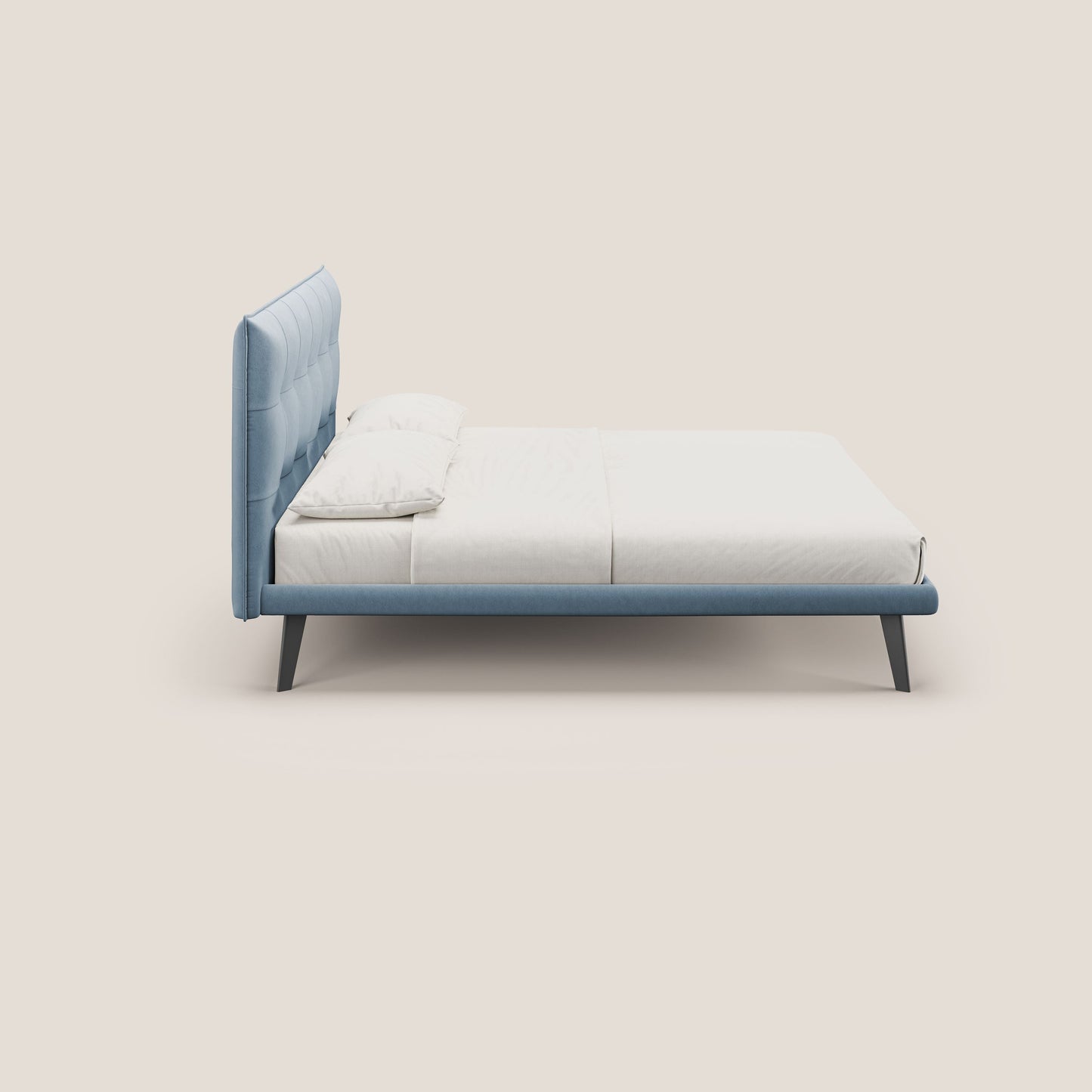 Brigitte letto con testata trapuntata piedi alti in mogano e tessuto impermeabile T09 carta da zucchero 