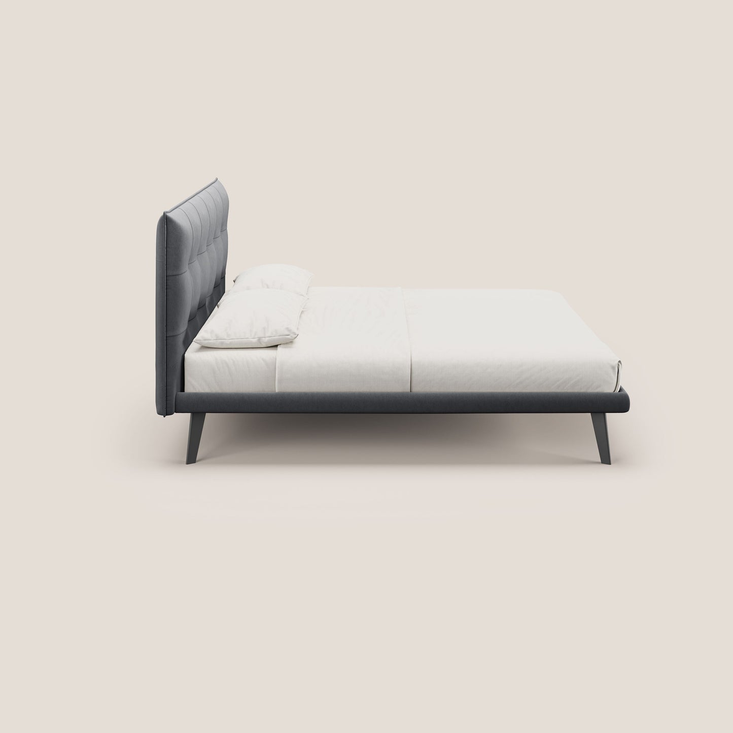 Brigitte letto con testata trapuntata piedi alti in mogano e tessuto impermeabile T09 grigio 