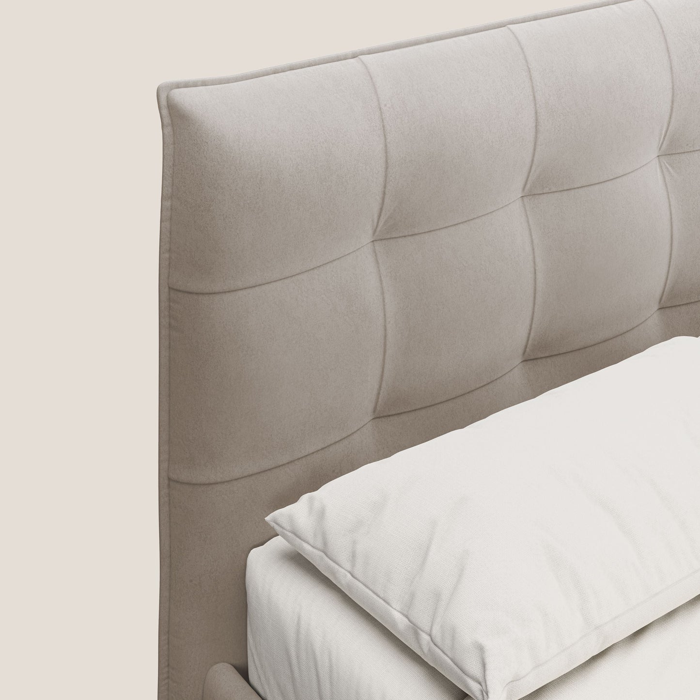 Brigitte letto con testata trapuntata piedi alti in mogano e tessuto impermeabile T09 tortora 