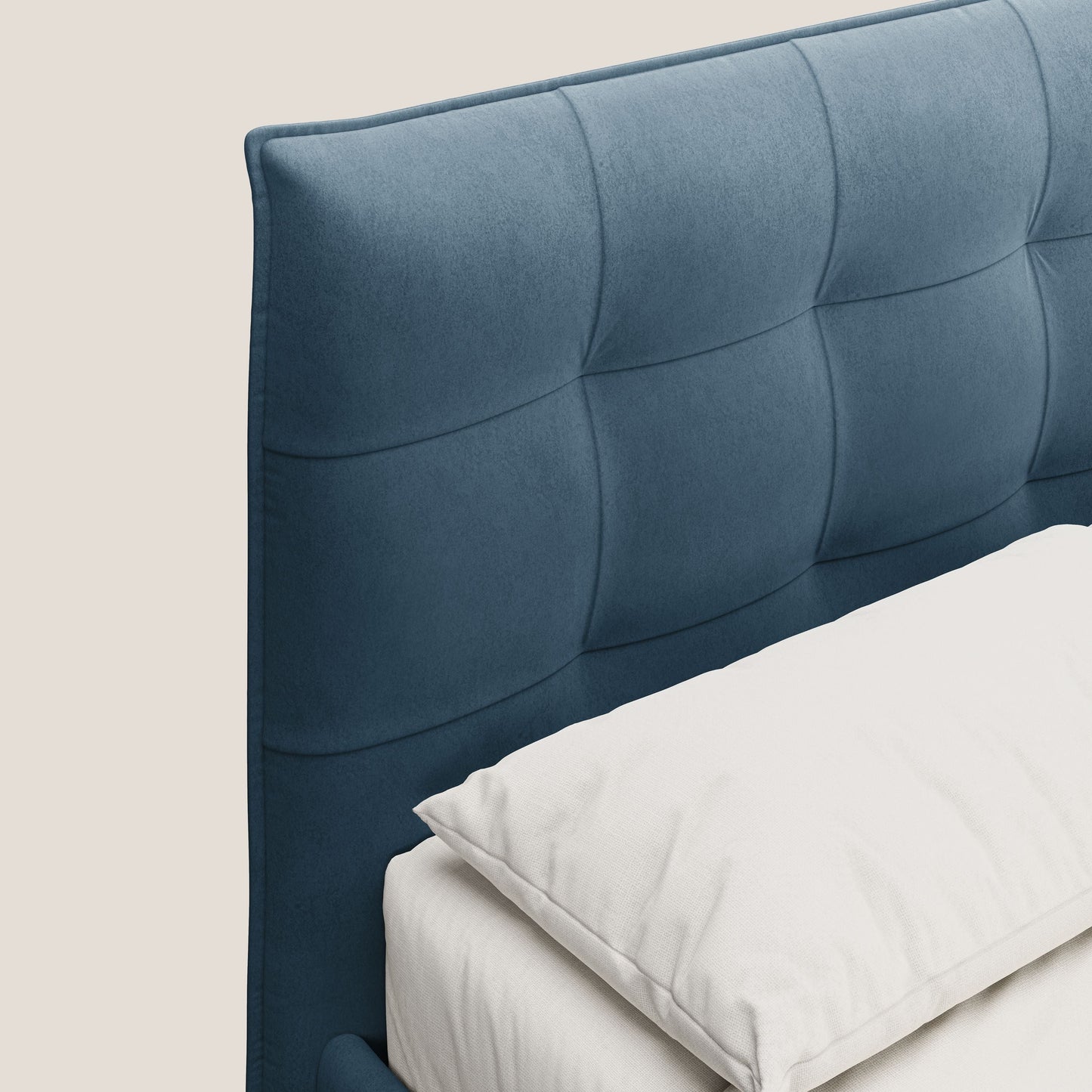 Brigitte letto con testata trapuntata piedi alti in mogano e tessuto impermeabile T09 blu 