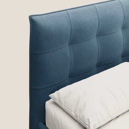 Brigitte letto con testata trapuntata piedi alti in mogano e tessuto impermeabile T09 blu 