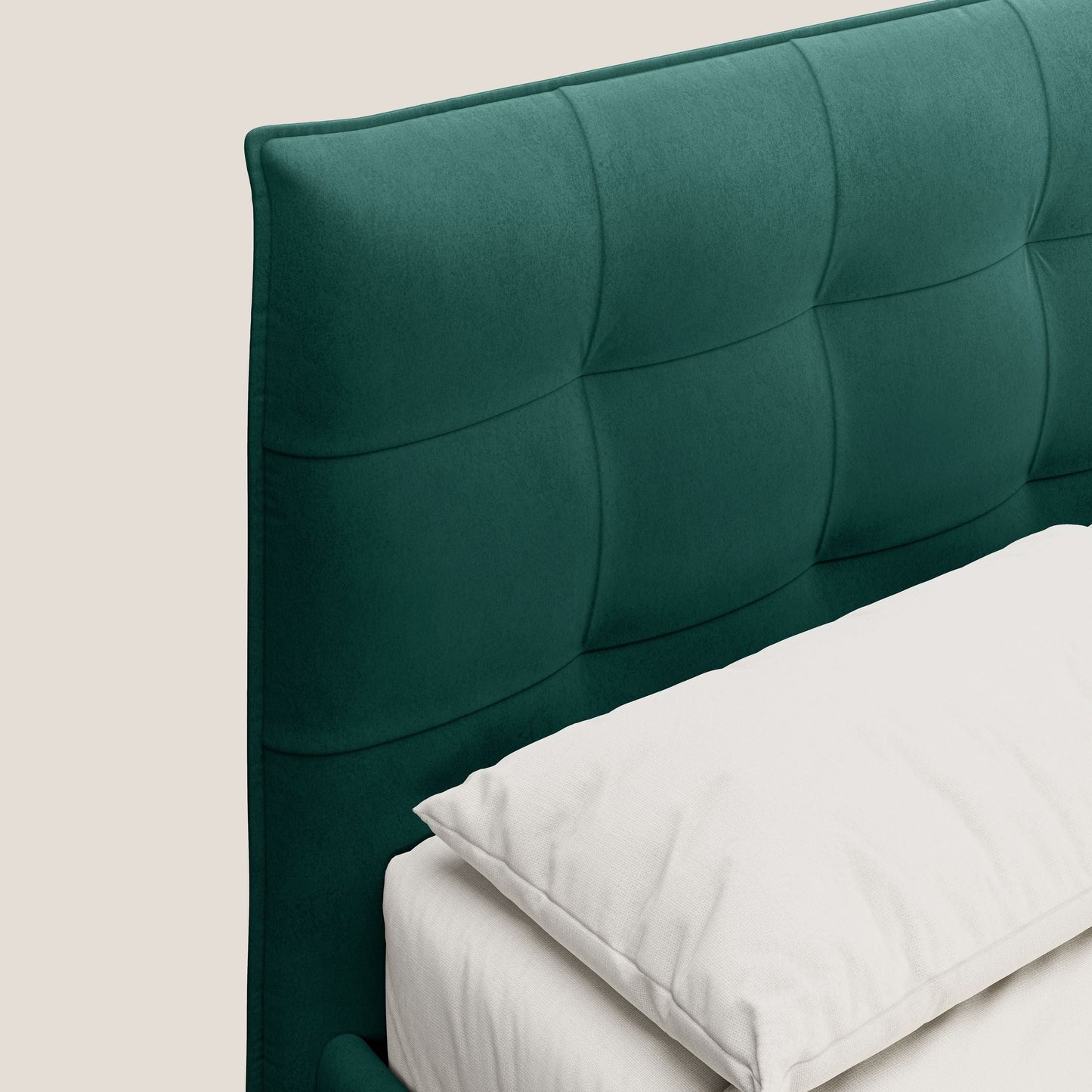 Brigitte letto con testata trapuntata piedi alti in mogano e tessuto impermeabile T09 verde 
