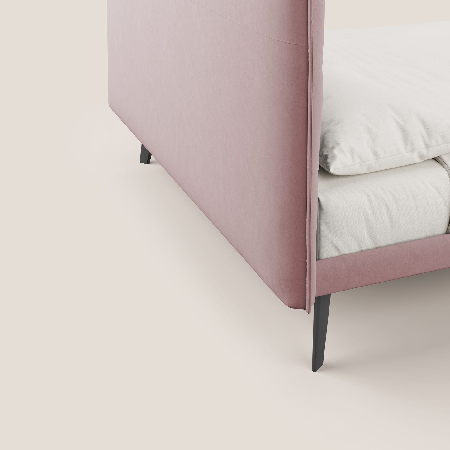 Brigitte letto con testata trapuntata piedi alti in mogano e tessuto impermeabile T09 rosa 