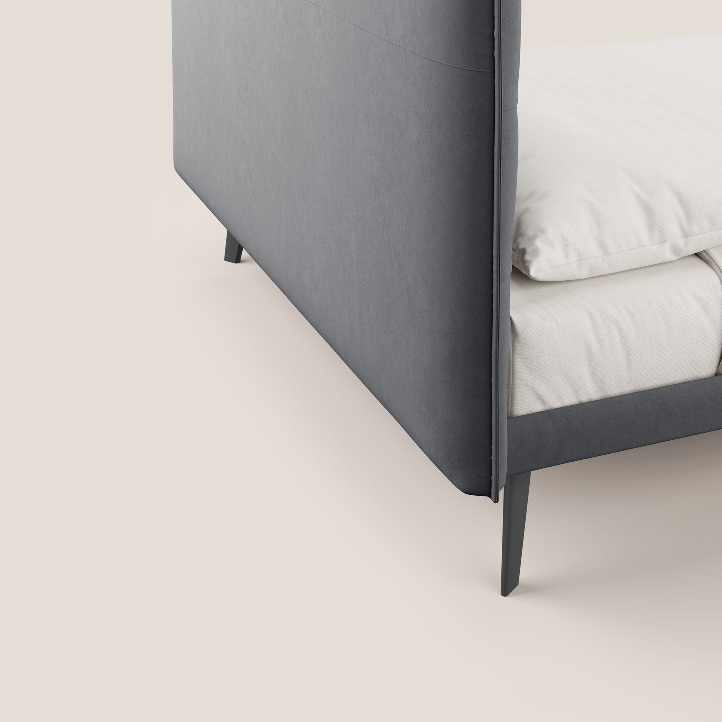 Brigitte letto con testata trapuntata piedi alti in mogano e tessuto impermeabile T09 grigio 