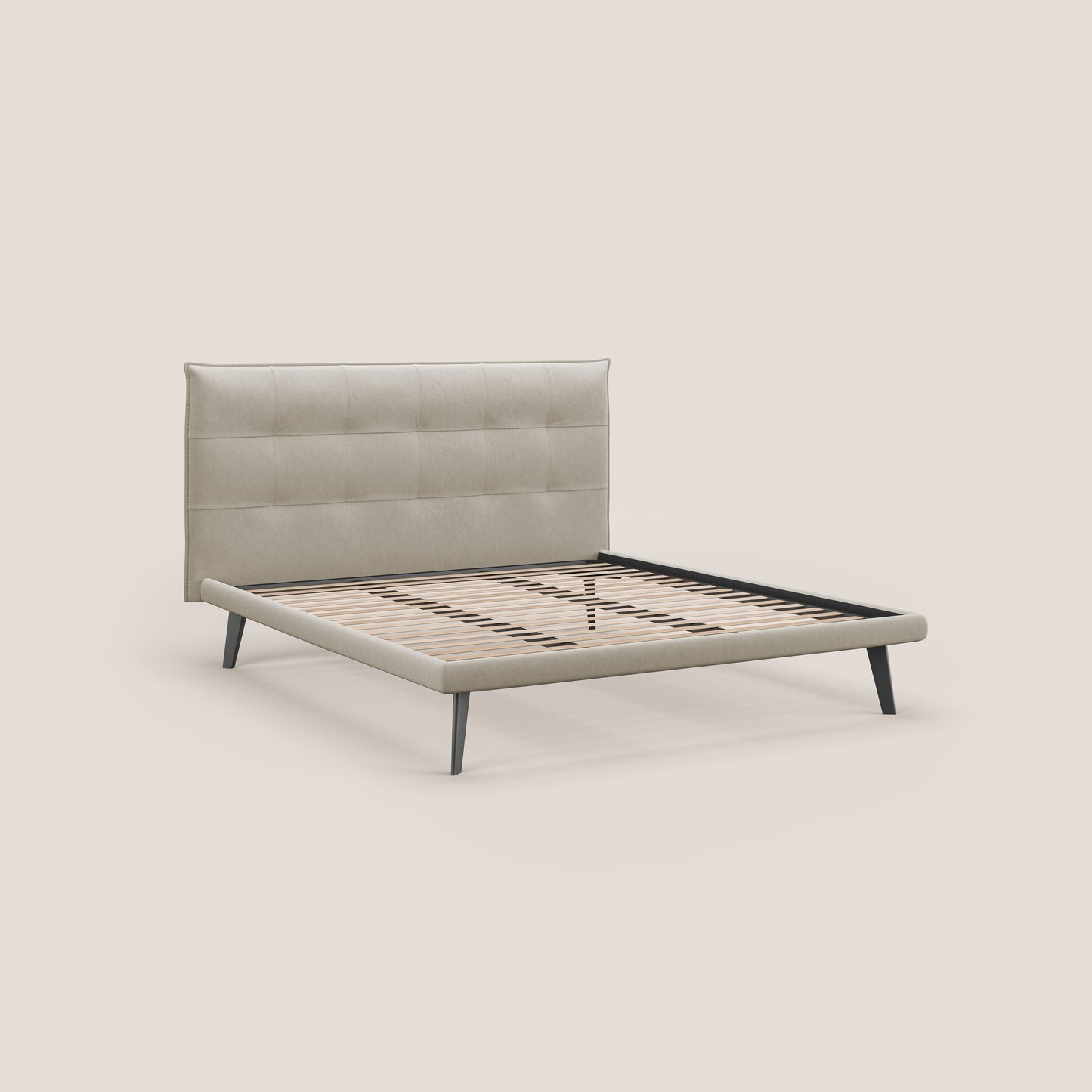 Brigitte letto con testata trapuntata piedi alti in mogano e tessuto impermeabile T09 beige 