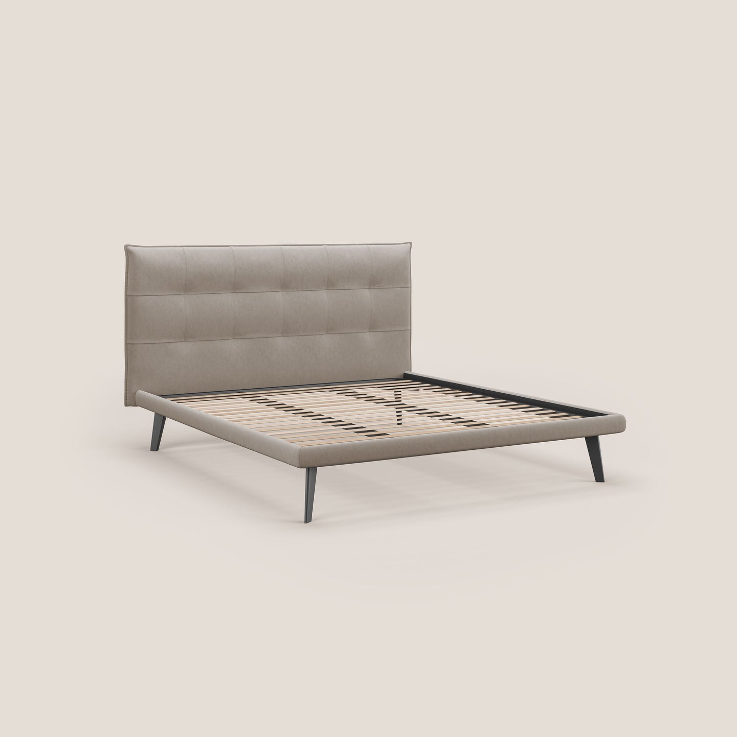 Brigitte letto con testata trapuntata piedi alti in mogano e tessuto impermeabile T09 tortora 