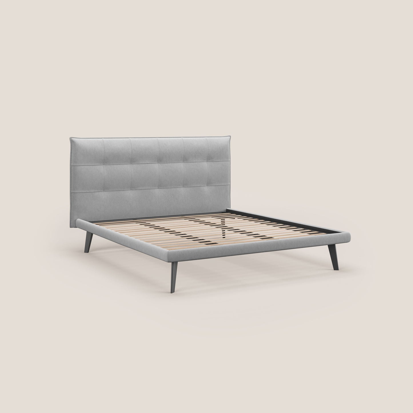 Brigitte letto con testata trapuntata piedi alti in mogano e tessuto impermeabile T09 grigio chiaro 