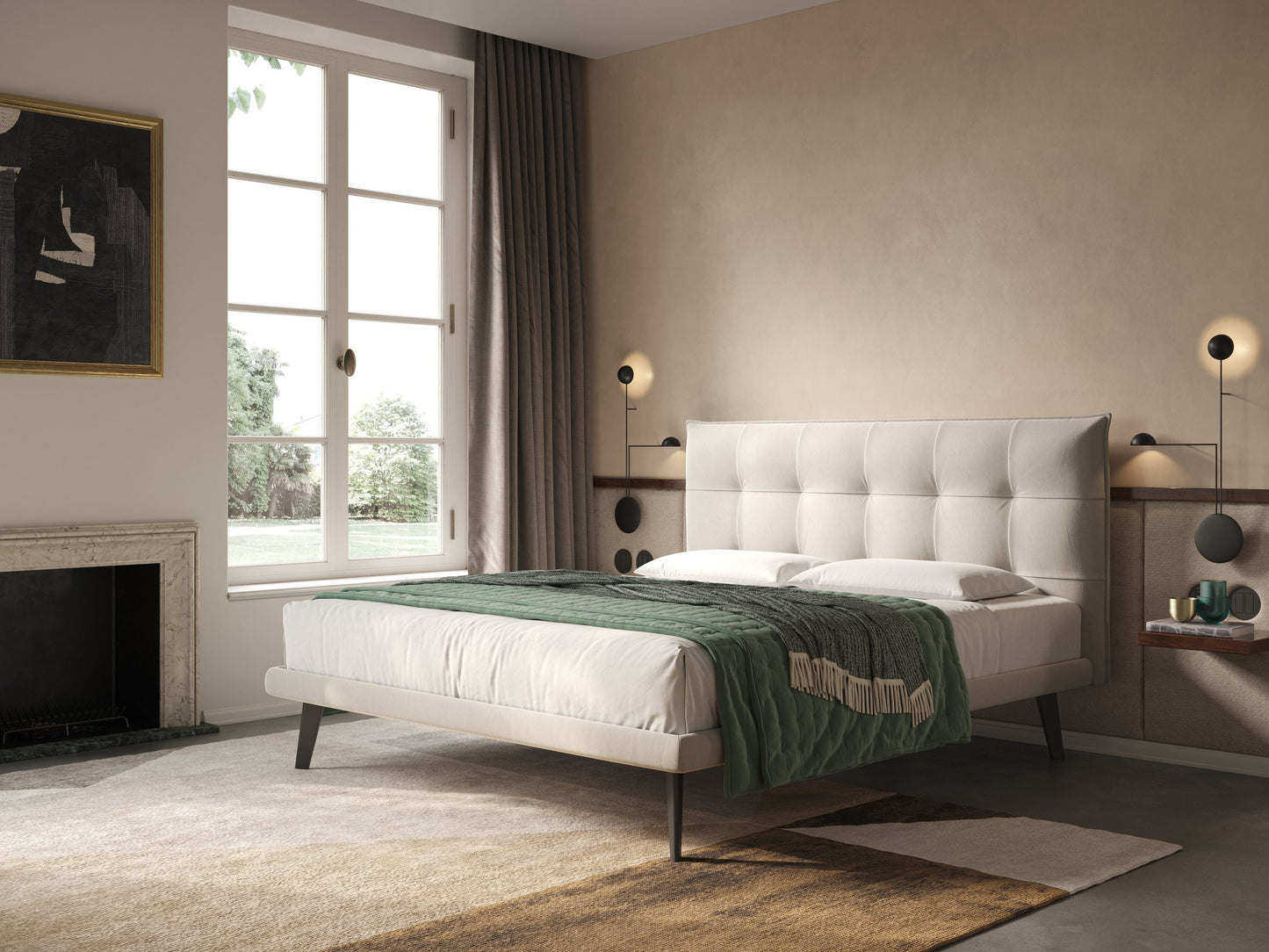 Brigitte letto con testata trapuntata piedi alti in mogano e tessuto impermeabile T09 panna 