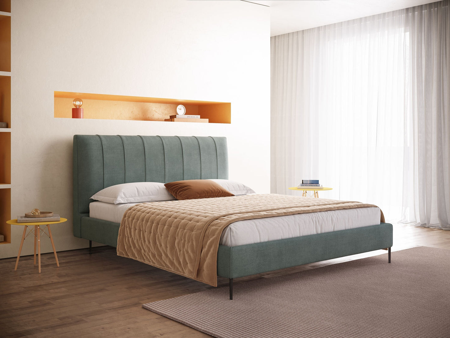 Calliope letto imbottito piedini alti completamente sfoderabile in tessuto smacchiabile T17 verde acqua 