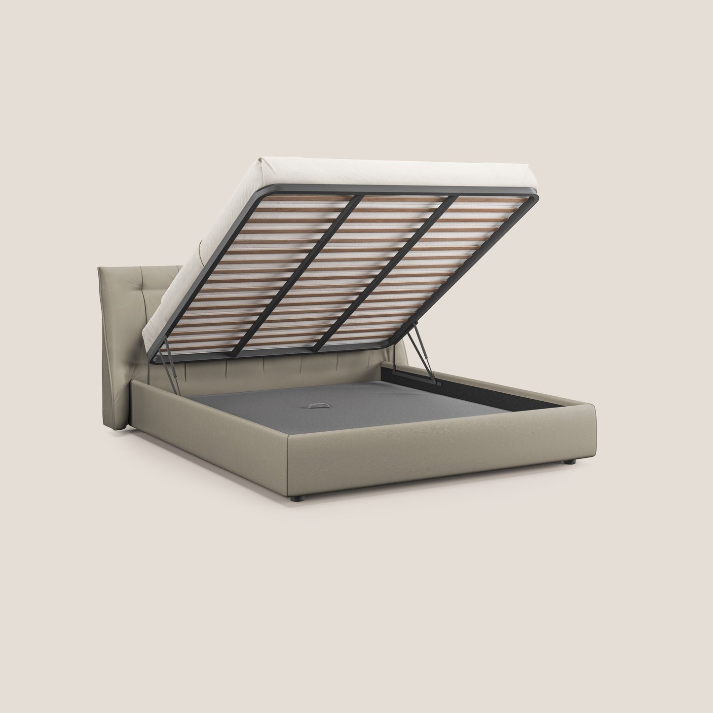Clizia letto imbottito di design con vano contenitore in ecopelle impermeabile T04 tortora 