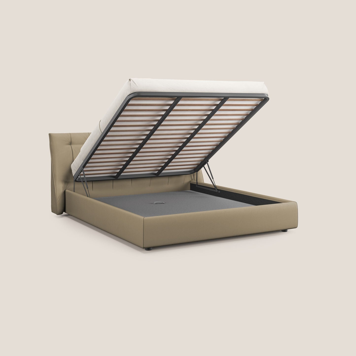 Clizia letto imbottito di design con vano contenitore in ecopelle impermeabile T04 beige 