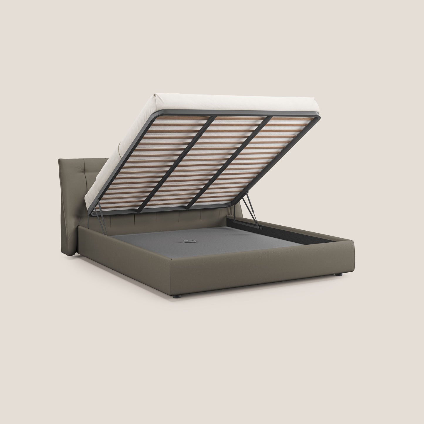 Clizia letto imbottito di design con vano contenitore in ecopelle impermeabile T04 talpa 