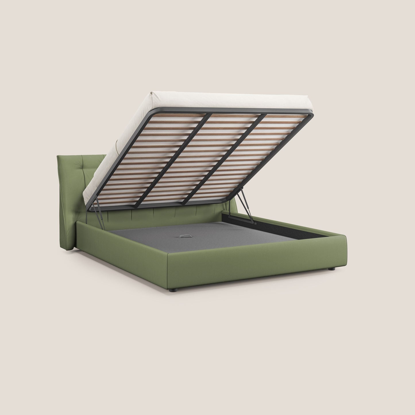 Clizia letto imbottito di design con vano contenitore in ecopelle impermeabile T04 verde 