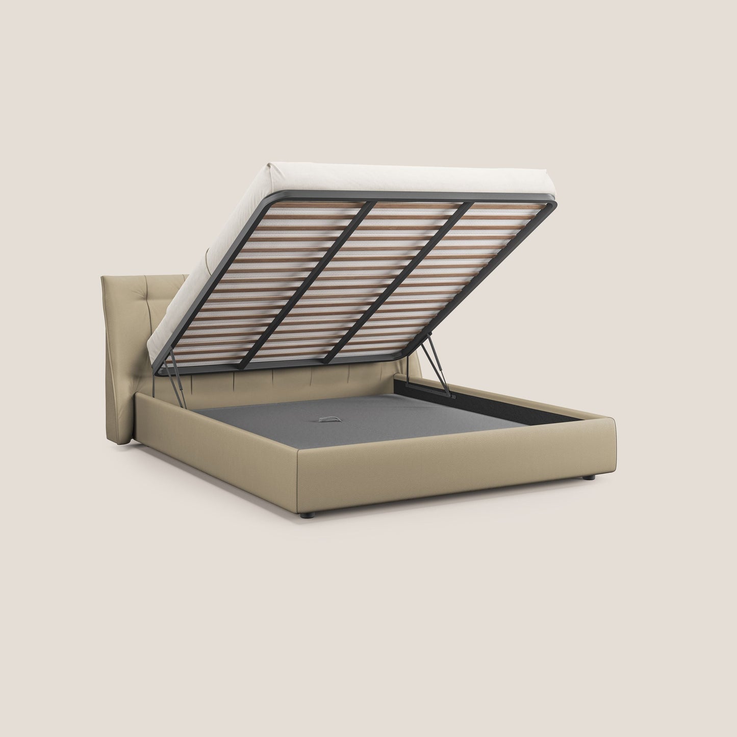 Clizia letto imbottito di design con vano contenitore in ecopelle impermeabile T04 panna 