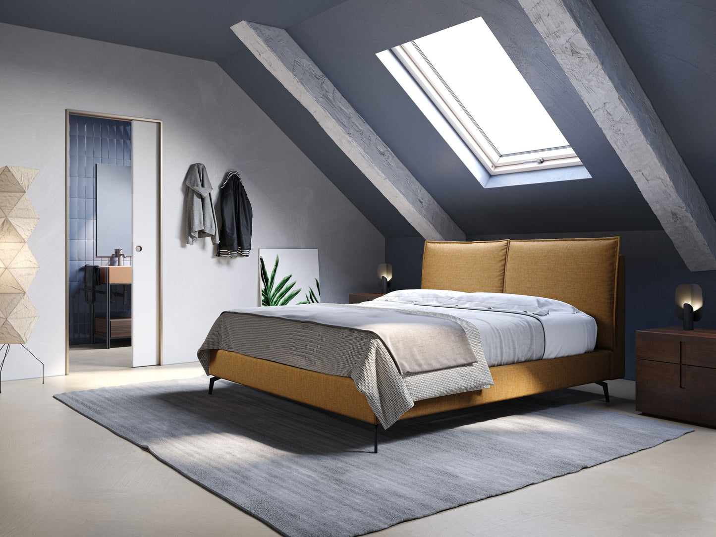 Cloe letto imbottito con piedi in metallo sfoderabile in tessuto fiammato impermeabile T06 giallo 