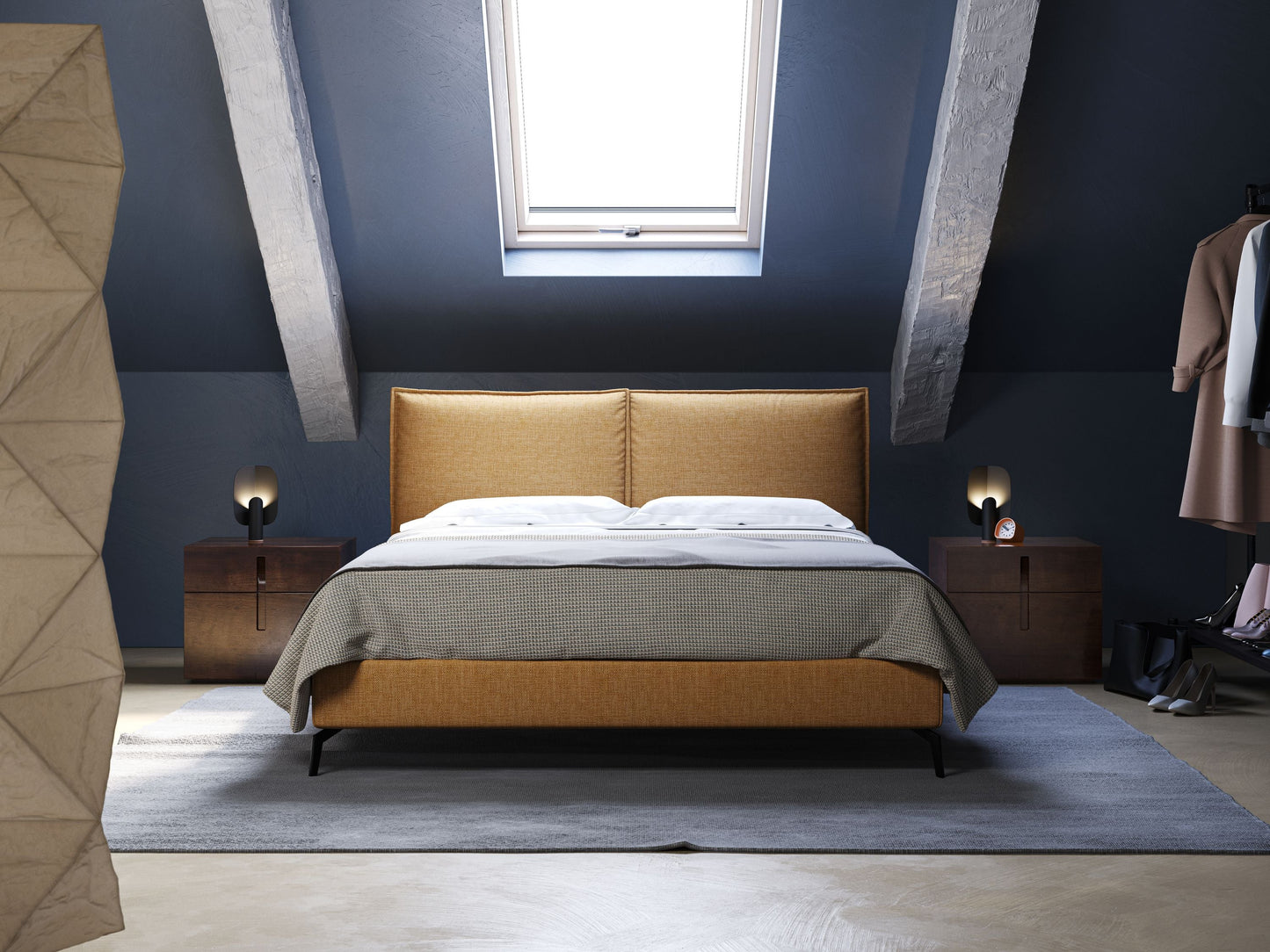 Cloe letto imbottito con piedi in metallo sfoderabile in tessuto fiammato impermeabile T06 giallo 