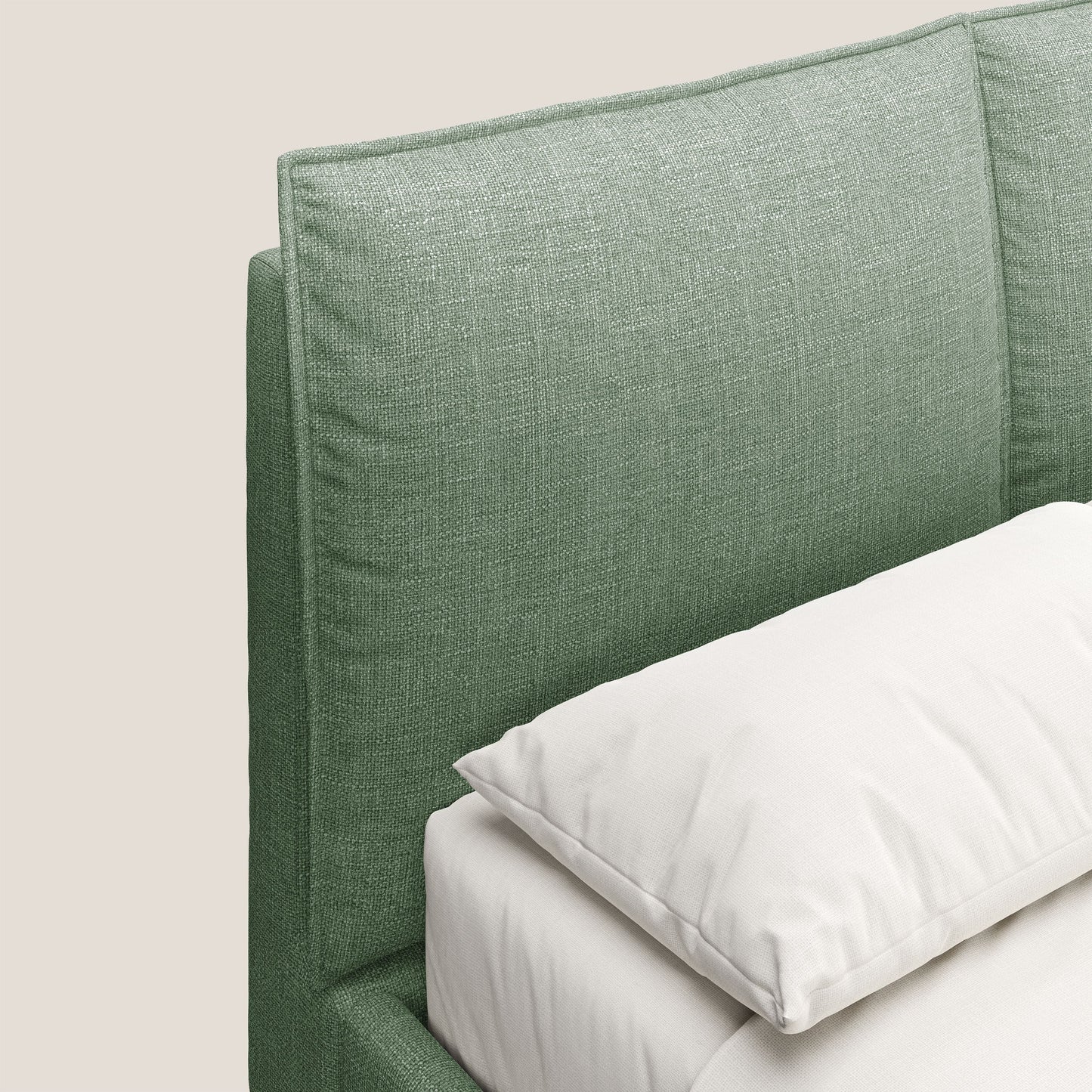 Cloe letto imbottito con piedi in metallo sfoderabile in tessuto fiammato impermeabile T06 verde 
