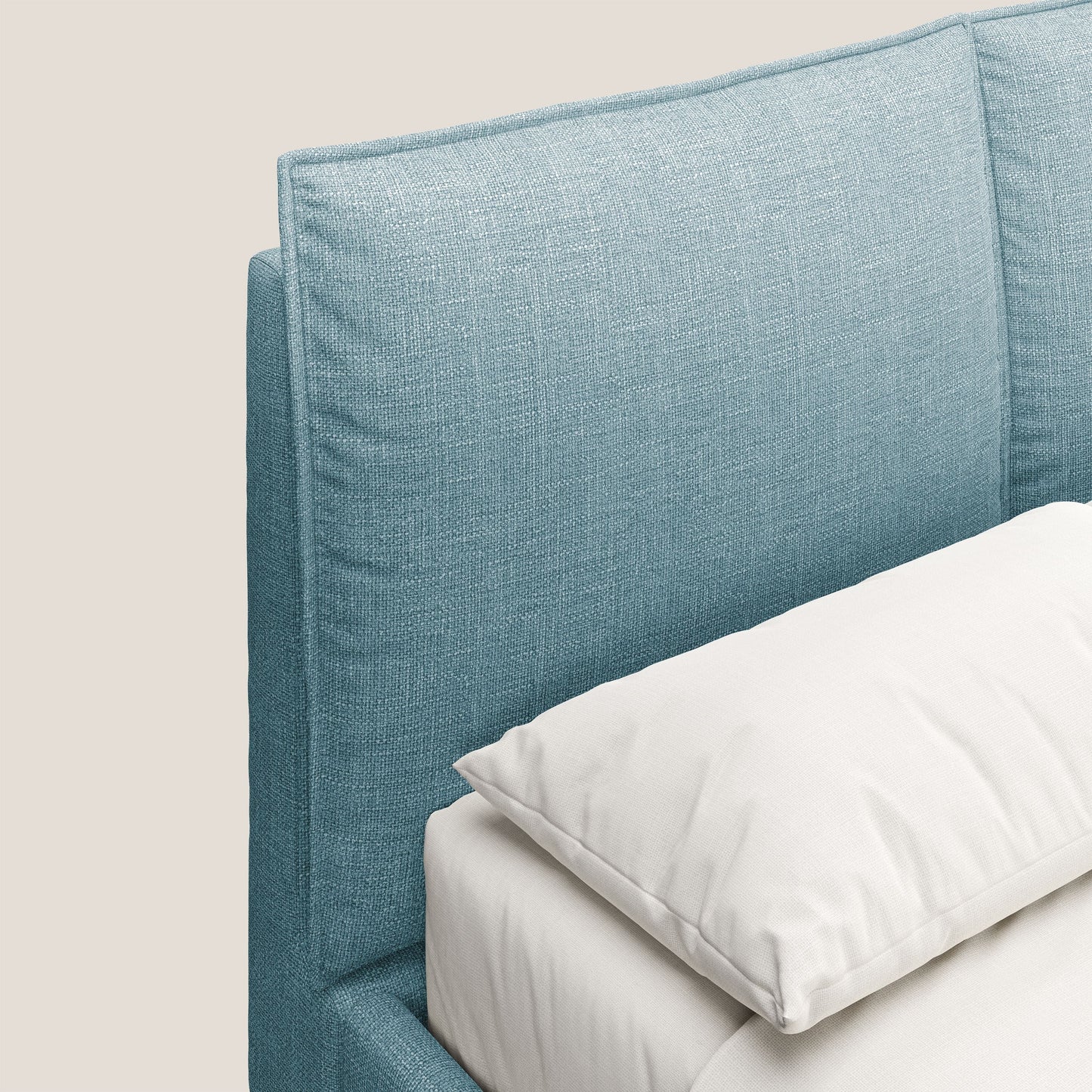 Cloe letto imbottito con piedi in metallo sfoderabile in tessuto fiammato impermeabile T06 azzurro 