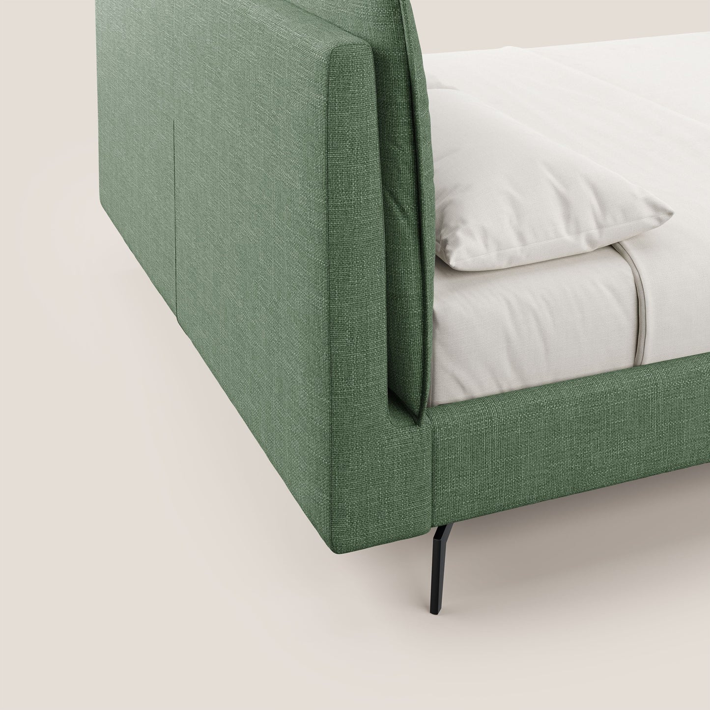 Cloe letto imbottito con piedi in metallo sfoderabile in tessuto fiammato impermeabile T06 verde 