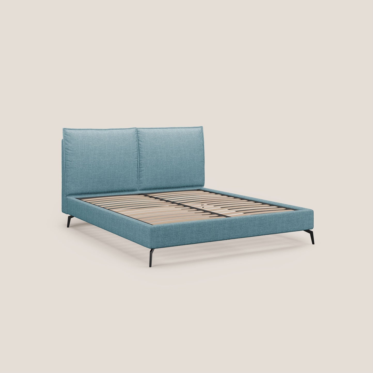 Cloe letto imbottito con piedi in metallo sfoderabile in tessuto fiammato impermeabile T06 azzurro 