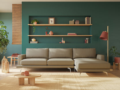 Dorian divano moderno angolare con penisola in tessuto morbido antimacchia T05 cammello